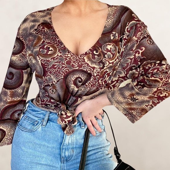 Vintage Tops - Vintage V Neck Sheer Y2K/Boho Blouse